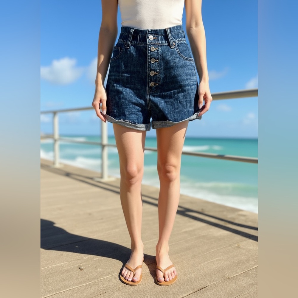 Express Super High Waisted Paperbag Jean Shorts Sz. Large Women’s Regular - Picture 2 of 5
